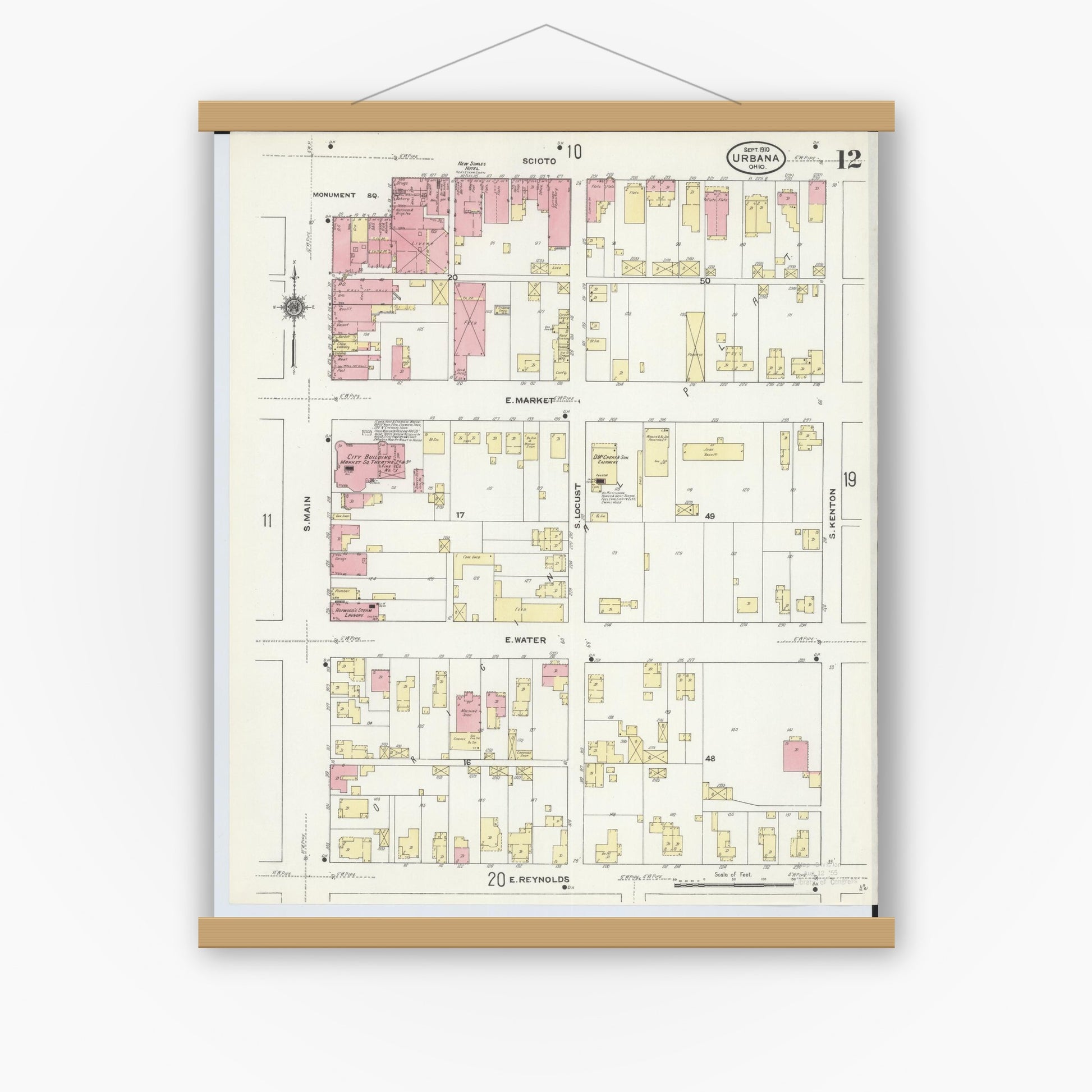 Old map wall art mockup — magnetic wood frame on white wall — Sanborn Fire Insurance Map from Urbana, Champaign County, Ohio (1910), Sheet #0012