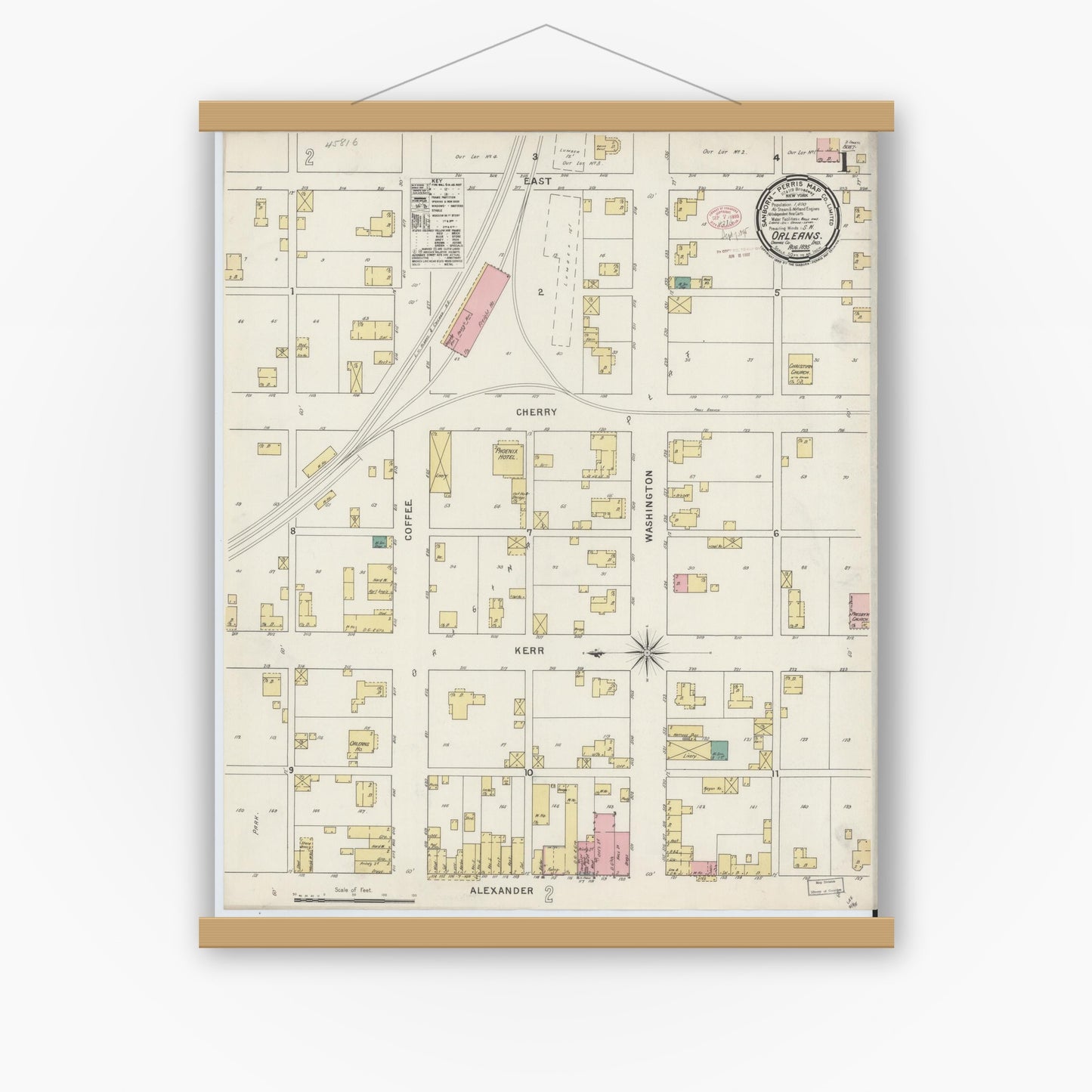 Old map wall art mockup — magnetic wood frame on white wall — Sanborn Fire Insurance Map from Orleans, Orange County, Indiana (1895) - Complete Map Set