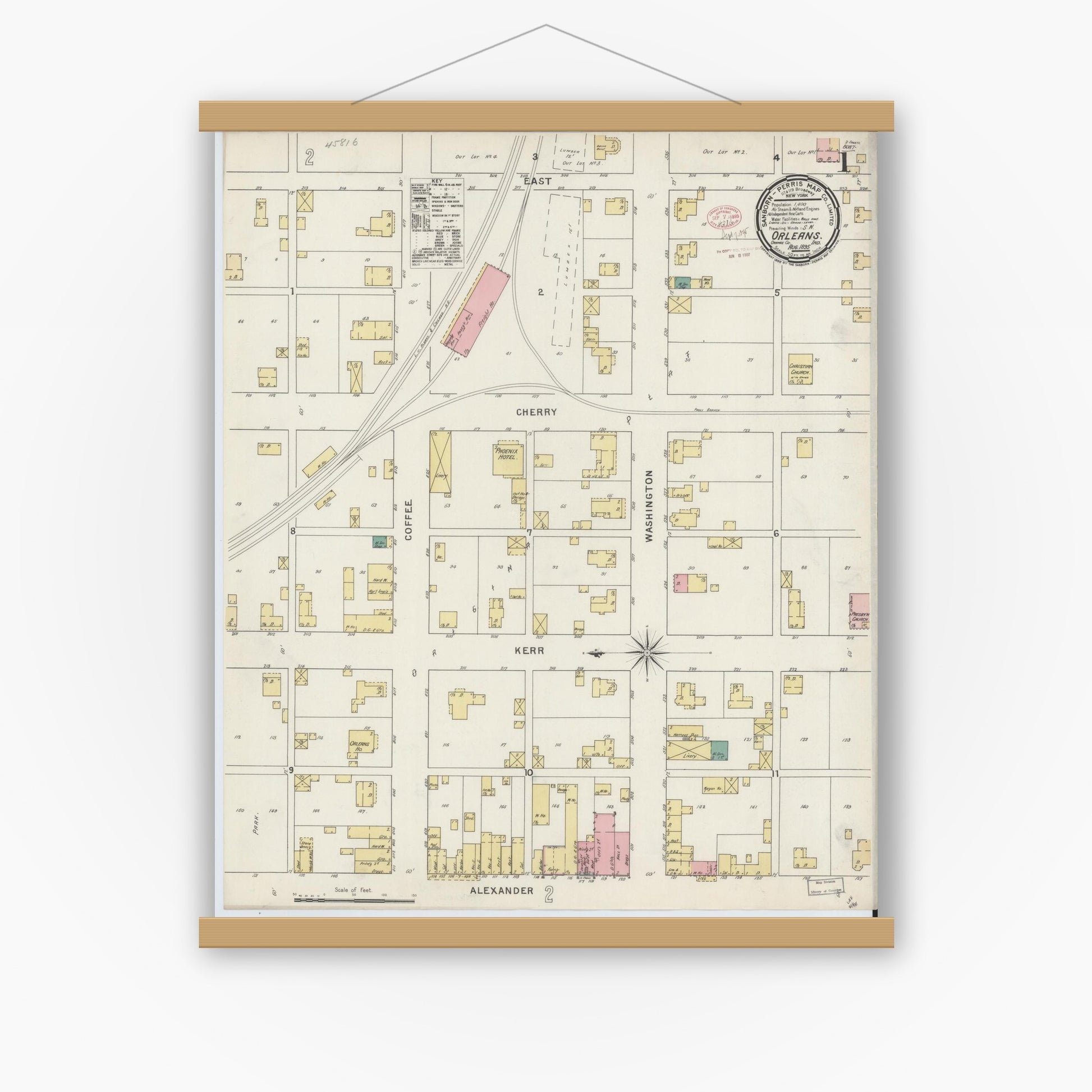 Old map wall art mockup — magnetic wood frame on white wall — Sanborn Fire Insurance Map from Orleans, Orange County, Indiana (1895) - Complete Map Set