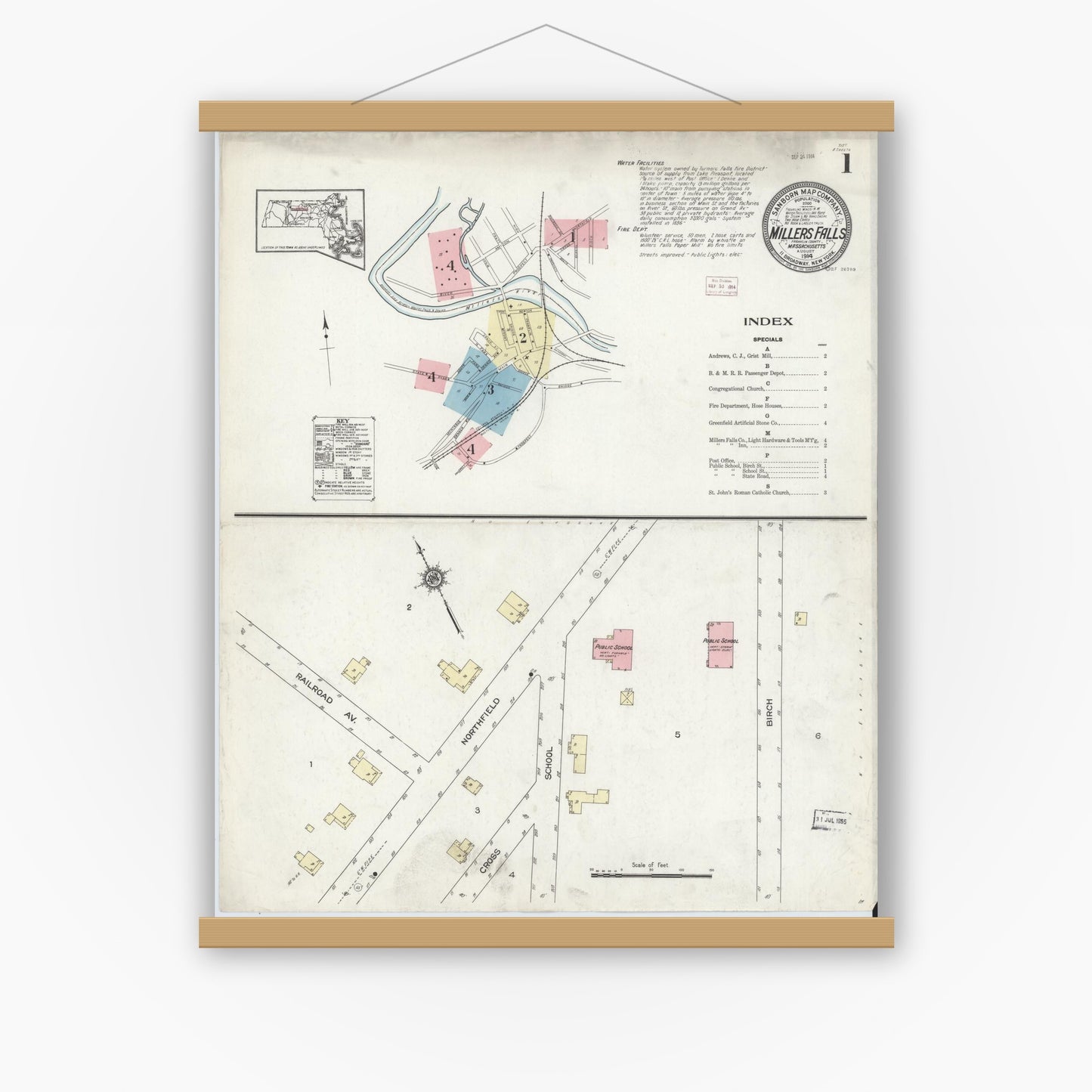 Old map wall art mockup — magnetic wood frame on white wall — Sanborn Fire Insurance Map from Millers Falls, Franklin County, Massachusetts (1914) - Complete Map Set