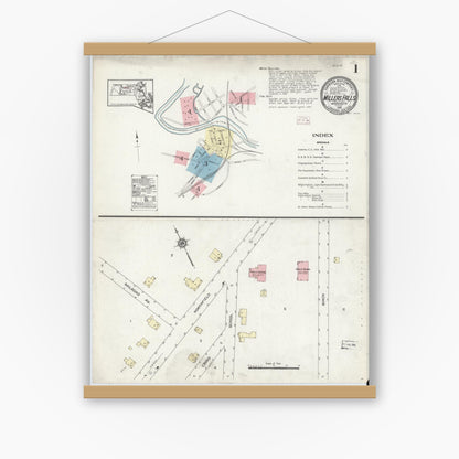 Old map wall art mockup — magnetic wood frame on white wall — Sanborn Fire Insurance Map from Millers Falls, Franklin County, Massachusetts (1914) - Complete Map Set