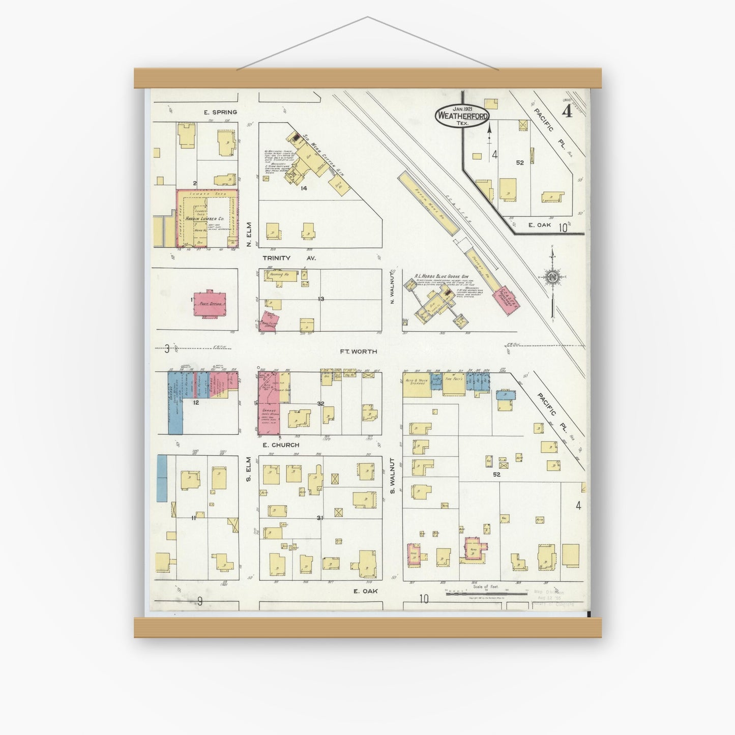 Old map wall art mockup — magnetic wood frame on white wall — Sanborn Fire Insurance Map from Weatherford, Parker County, Texas (1921), Sheet #0004