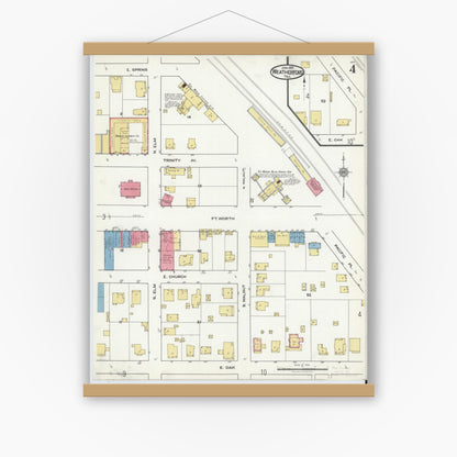 Old map wall art mockup — magnetic wood frame on white wall — Sanborn Fire Insurance Map from Weatherford, Parker County, Texas (1921), Sheet #0004