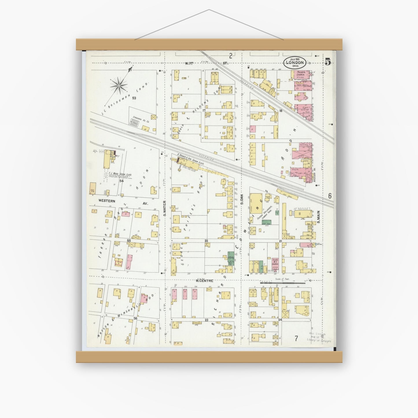 Old map wall art mockup — magnetic wood frame on white wall — Sanborn Fire Insurance Map from London, Madison County, Ohio (1901), Sheet #0005