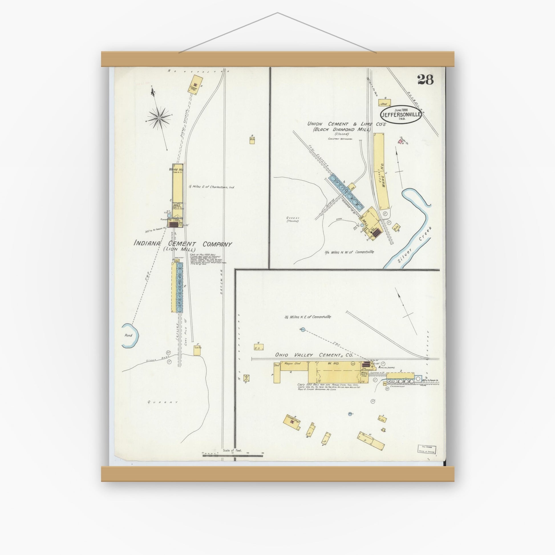 Old map wall art mockup — magnetic wood frame on white wall — Sanborn Fire Insurance Map from Jeffersonville, Clark County, Indiana (1898), Sheet #0028