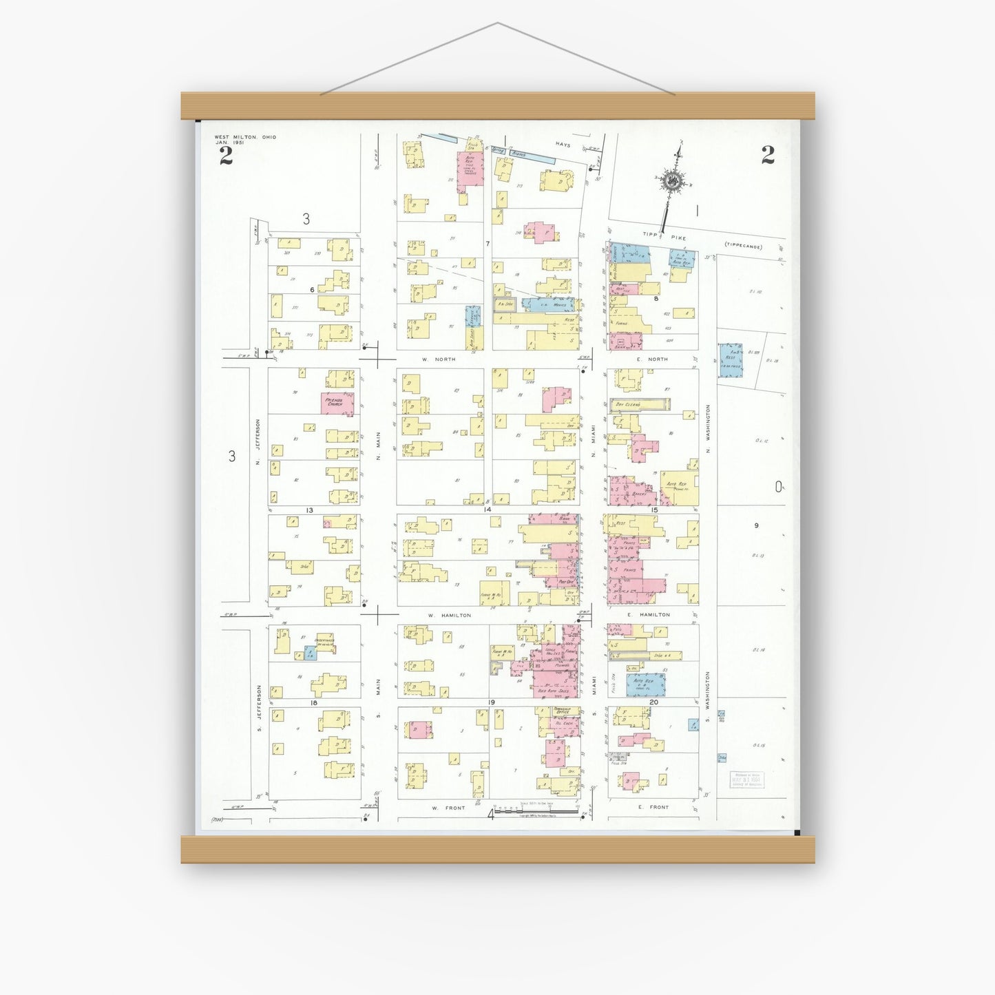 Old map wall art mockup — magnetic wood frame on white wall — Sanborn Fire Insurance Map from West Milton, Miami County, Ohio (1951), Sheet #0002