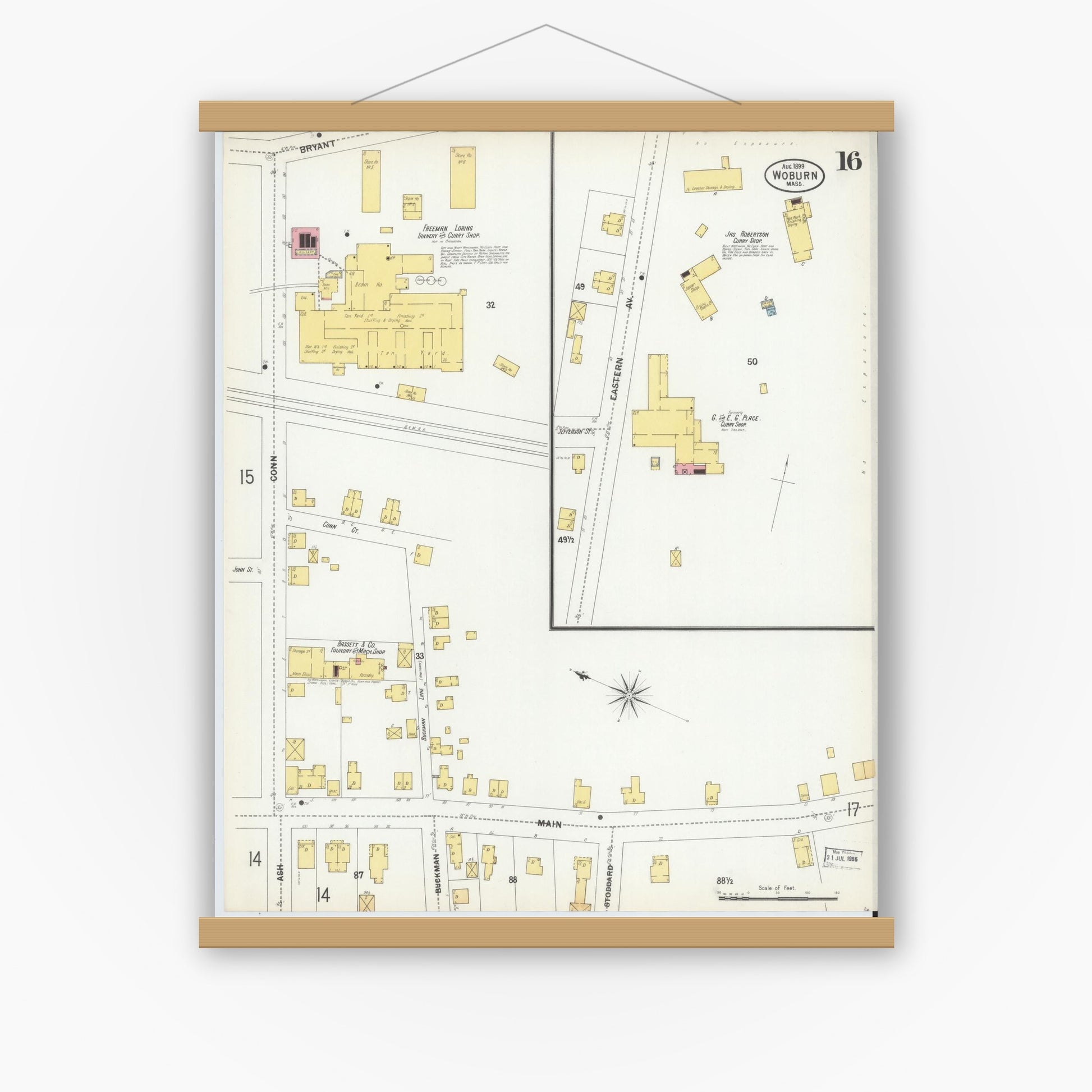 Old map wall art mockup — magnetic wood frame on white wall — Sanborn Fire Insurance Map from Woburn, Middlesex County, Massachusetts (1899), Sheet #0016