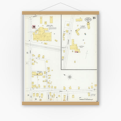Old map wall art mockup — magnetic wood frame on white wall — Sanborn Fire Insurance Map from Woburn, Middlesex County, Massachusetts (1899), Sheet #0016