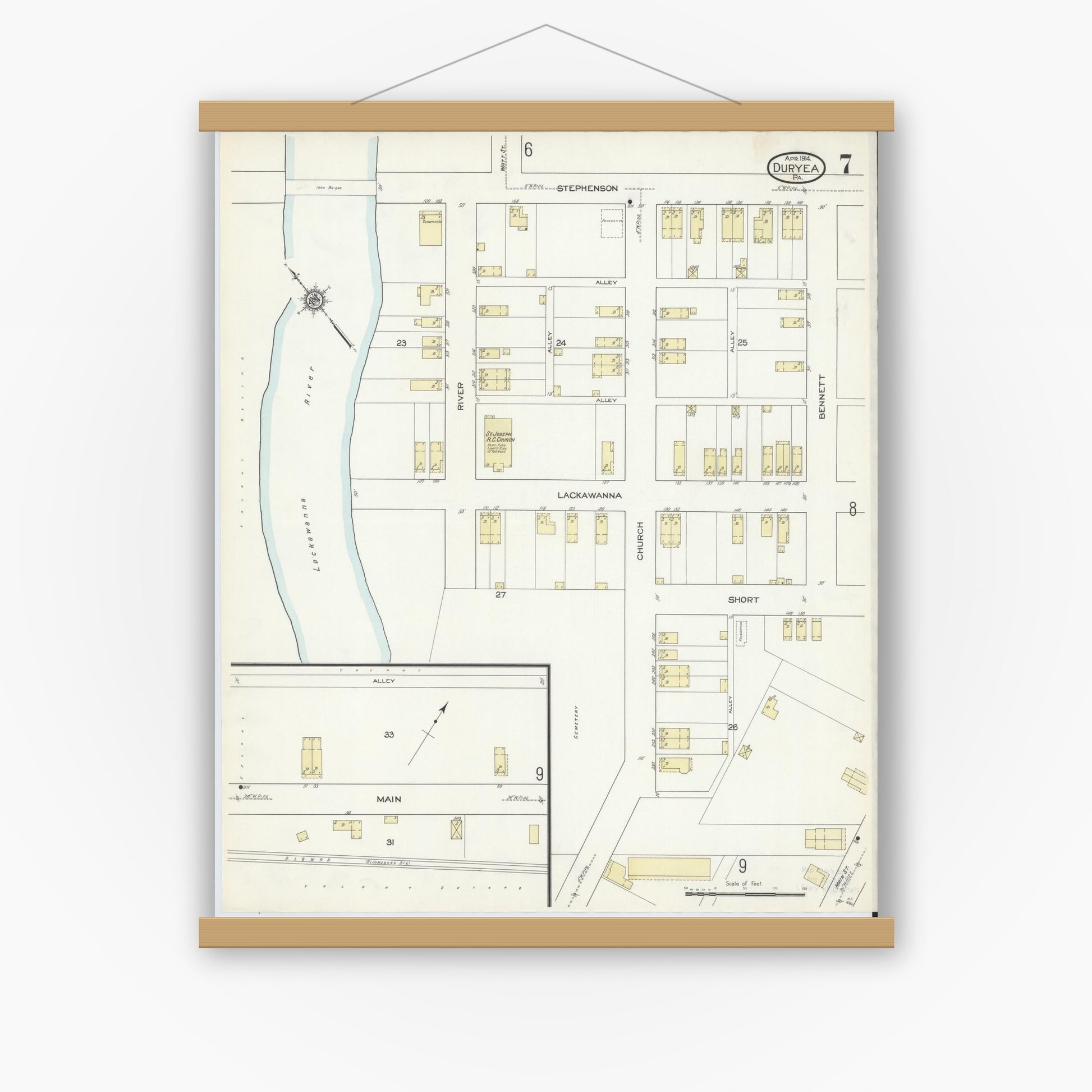Old map wall art mockup — magnetic wood frame on white wall — Sanborn Fire Insurance Map from Duryea, Luzerne County, Pennsylvania (1914), Sheet #0007