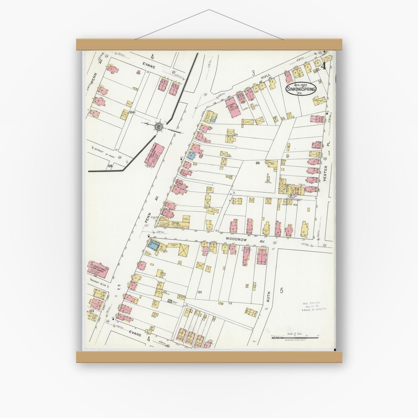 Old map wall art mockup — magnetic wood frame on white wall — Sanborn Fire Insurance Map from Sinking Spring, Berks County, Pennsylvania (1920), Sheet #0004