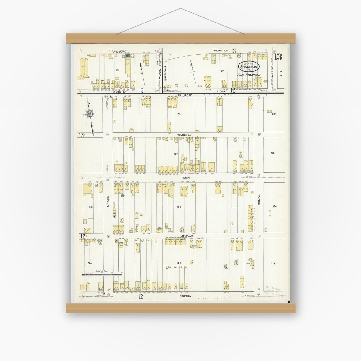 Old map wall art mockup — magnetic wood frame on white wall — Sanborn Fire Insurance Map from Shamokin, Northumberland County, Pennsylvania (1913), Sheet #0013