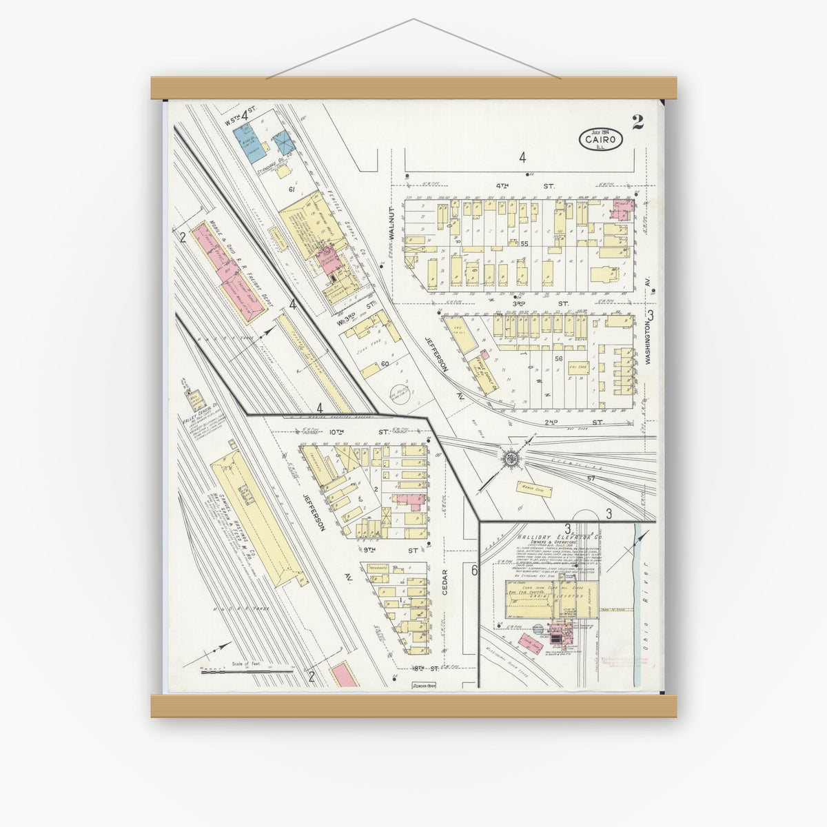 Old map wall art mockup — magnetic wood frame on white wall — Sanborn Fire Insurance Map from Cairo, Alexander County, Illinois (1914), Sheet #0002