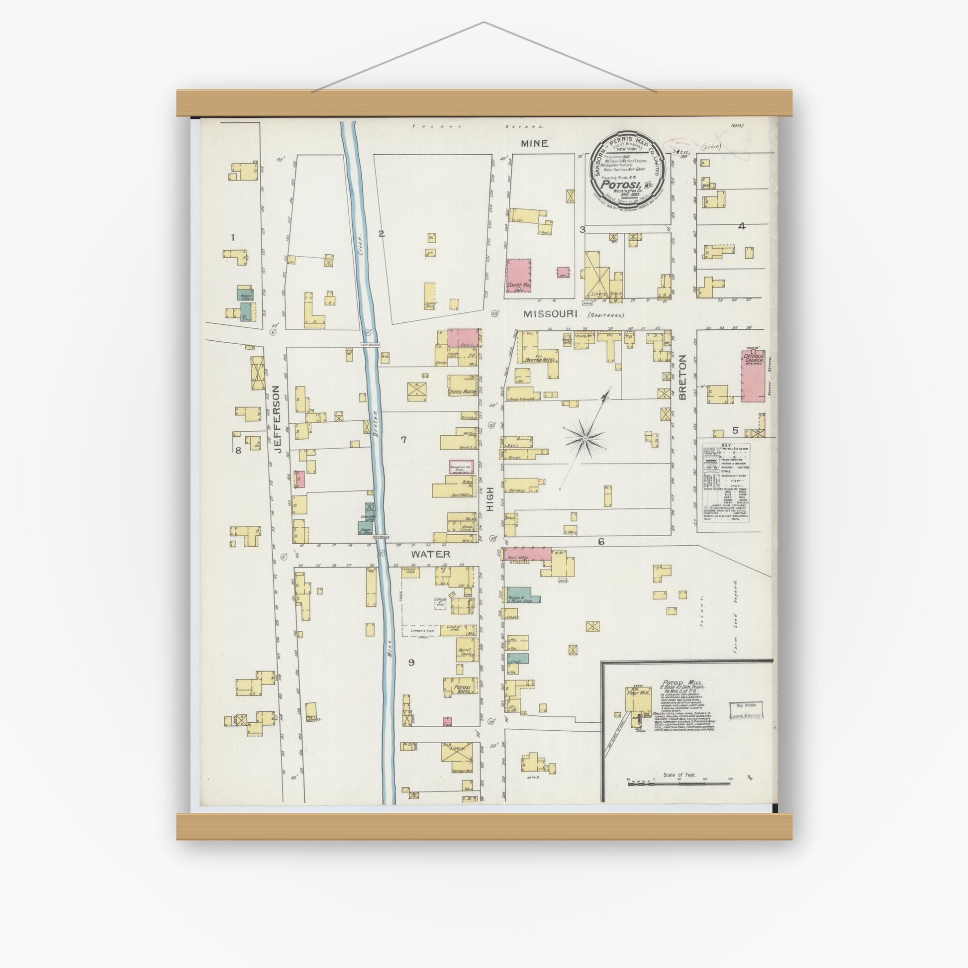 Old map wall art mockup — magnetic wood frame on white wall — Sanborn Fire Insurance Map from Potosi, Washington County, Missouri (1893), Sheet #0001