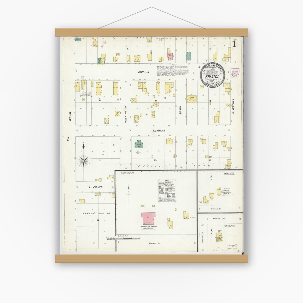 Old map wall art mockup — magnetic wood frame on white wall — Sanborn Fire Insurance Map from Bristol, Elkhart County, Indiana (1907), Sheet #0001