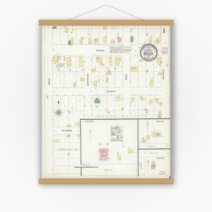 Old map wall art mockup — magnetic wood frame on white wall — Sanborn Fire Insurance Map from Bristol, Elkhart County, Indiana (1907), Sheet #0001
