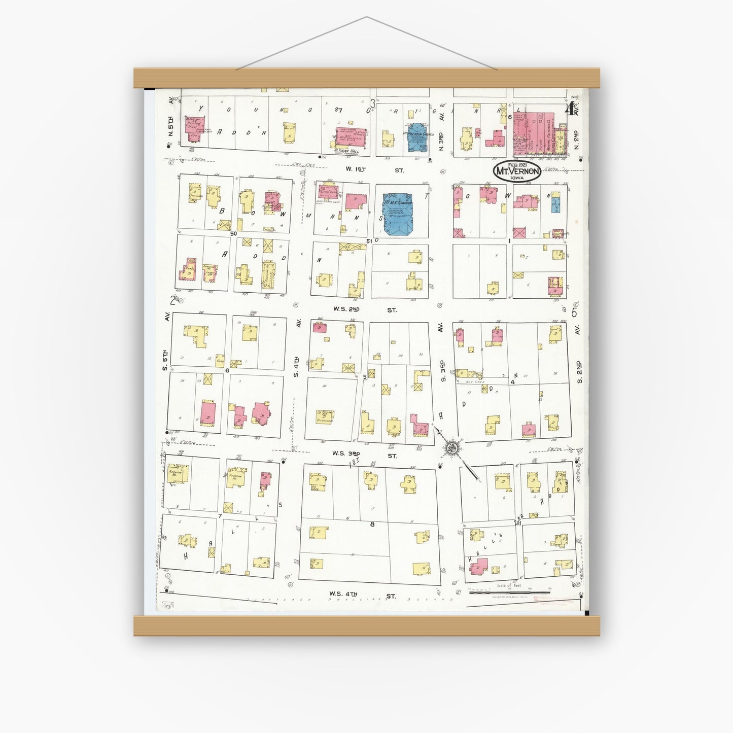 Old map wall art mockup — magnetic wood frame on white wall — Sanborn Fire Insurance Map from Mount Vernon, Linn County, Iowa (1921), Sheet #0004
