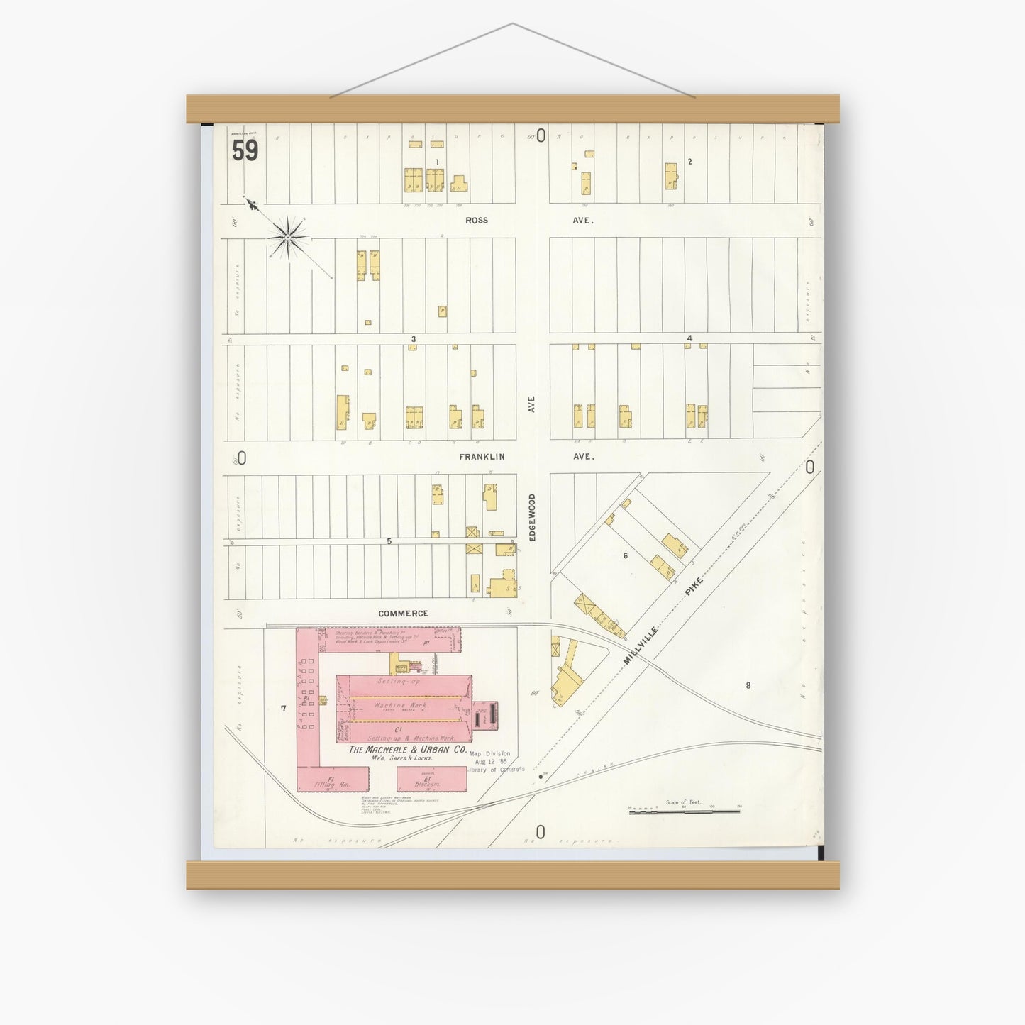 Old map wall art mockup — magnetic wood frame on white wall — Sanborn Fire Insurance Map from Hamilton, Butler County, Ohio (1899), Sheet #0059
