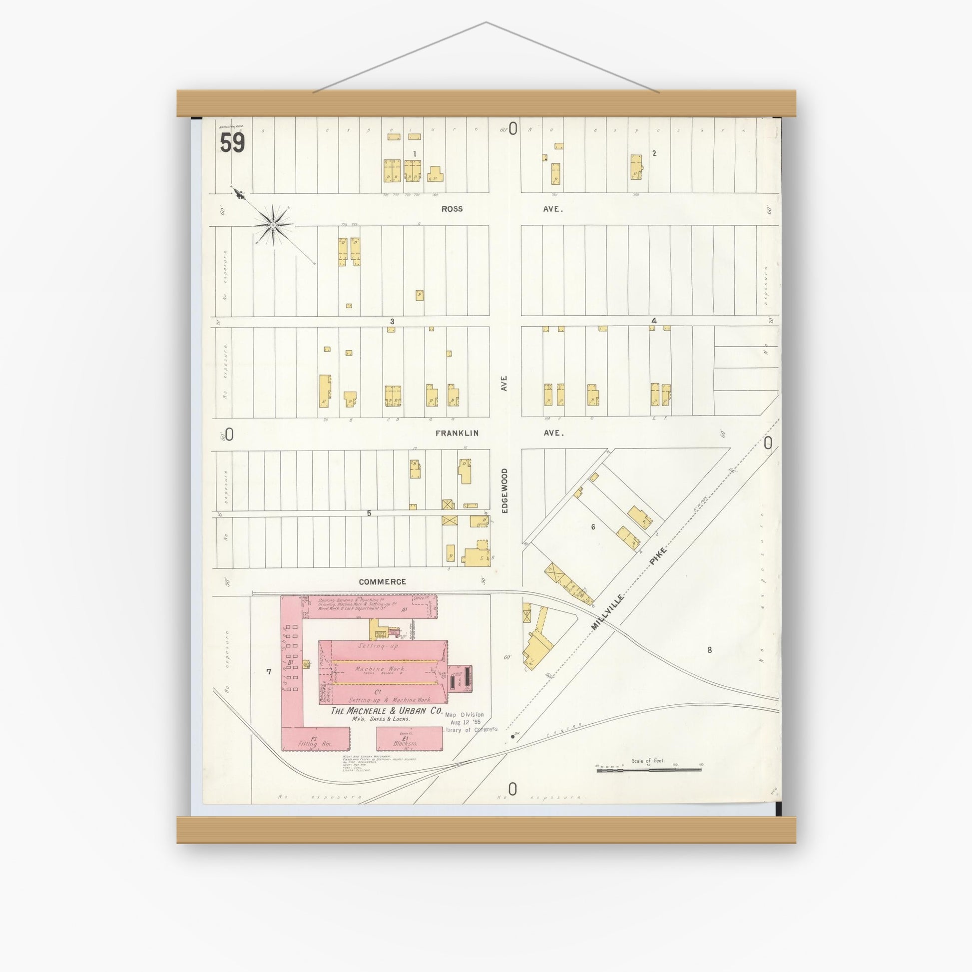 Old map wall art mockup — magnetic wood frame on white wall — Sanborn Fire Insurance Map from Hamilton, Butler County, Ohio (1899), Sheet #0059