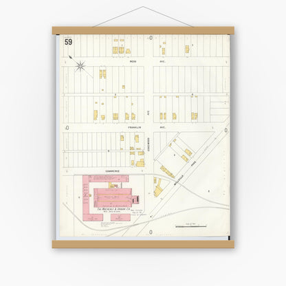 Old map wall art mockup — magnetic wood frame on white wall — Sanborn Fire Insurance Map from Hamilton, Butler County, Ohio (1899), Sheet #0059