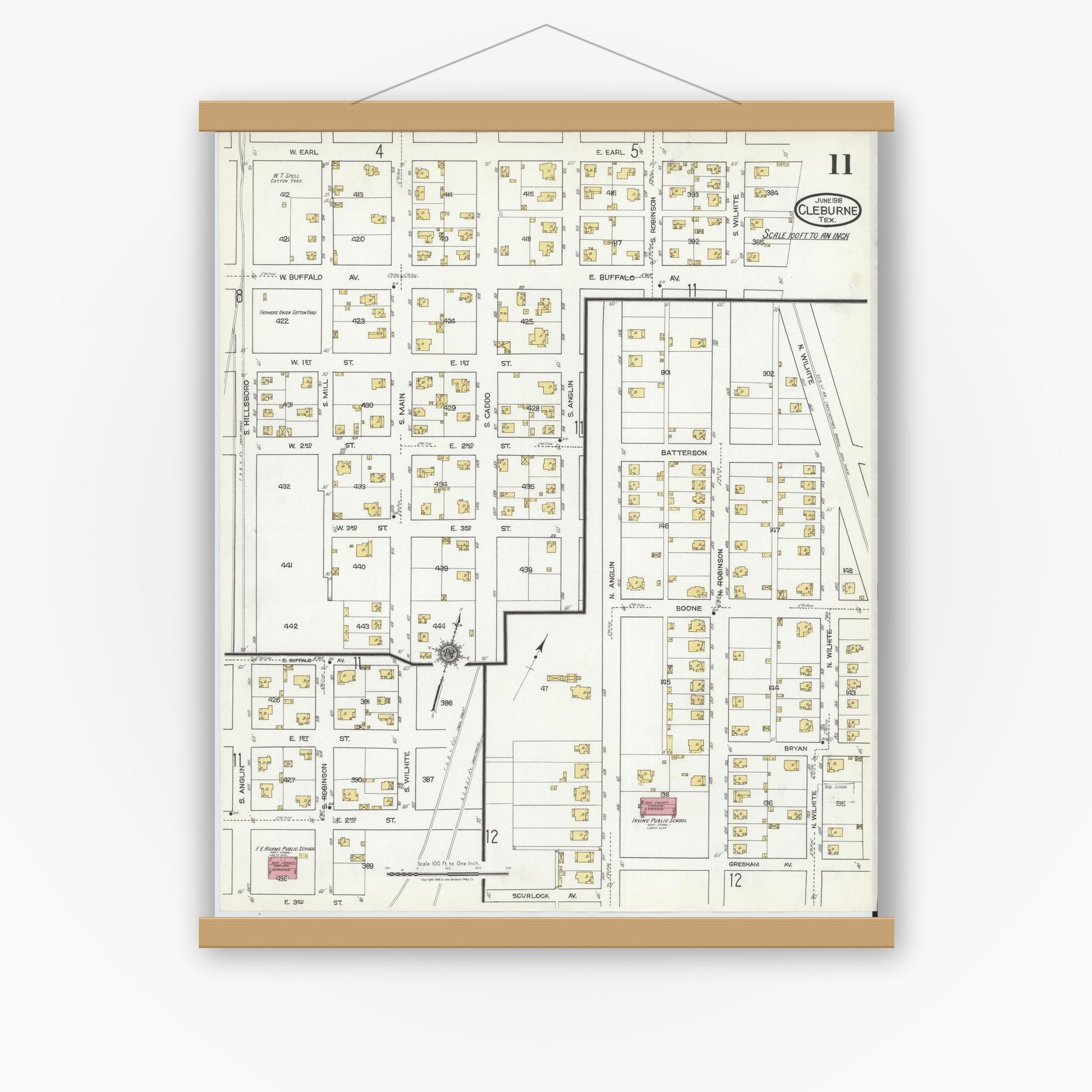 Old map wall art mockup — magnetic wood frame on white wall — Sanborn Fire Insurance Map from Cleburne, Johnson County, Texas (1918), Sheet #0011