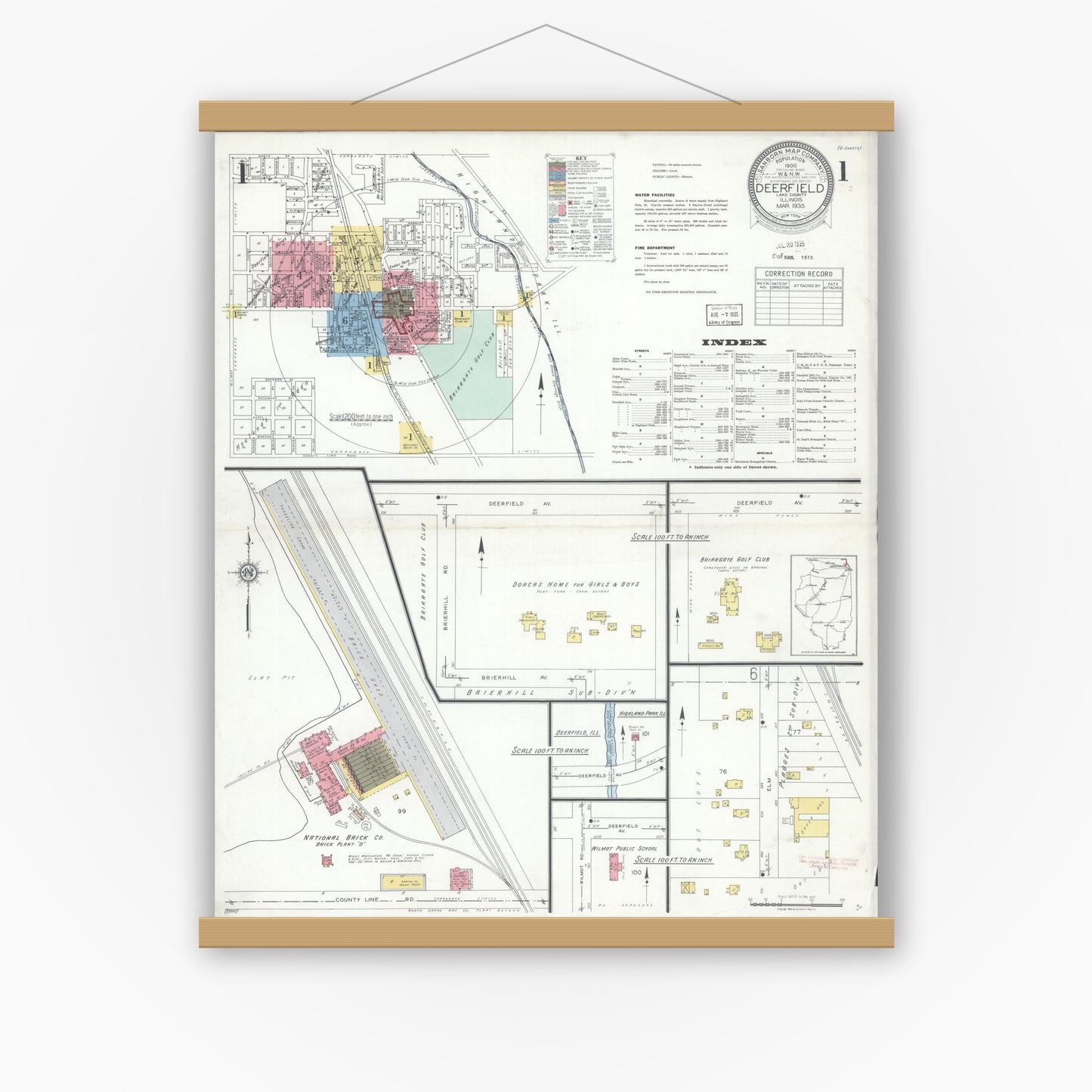 Old map wall art mockup — magnetic wood frame on white wall — Sanborn Fire Insurance Map from Deerfield, Lake County, Illinois (1935) - Complete Map Set