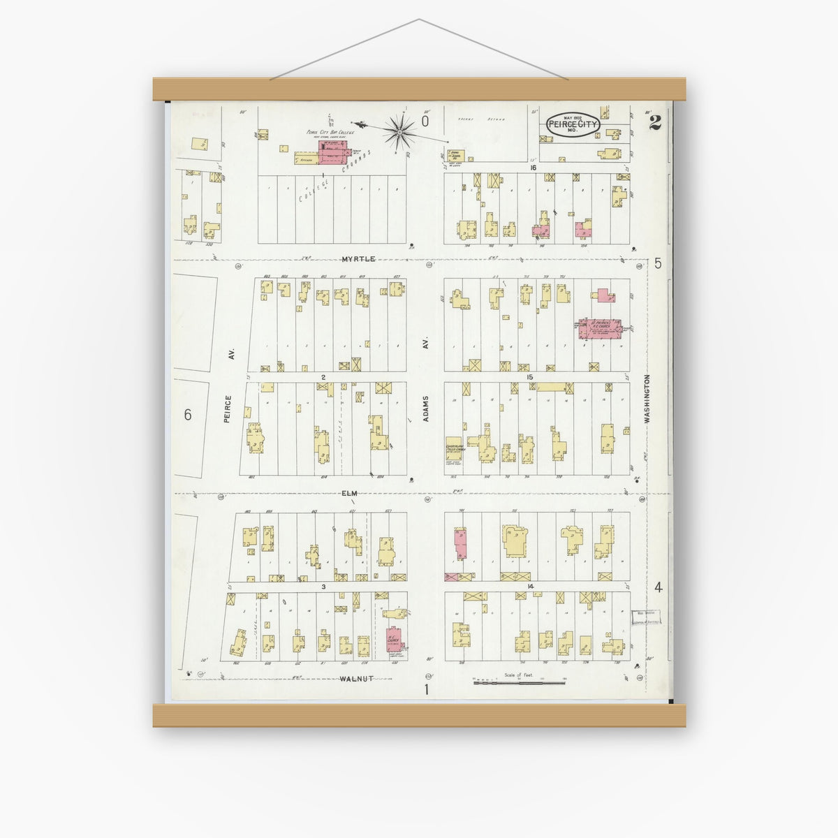Old map wall art mockup — magnetic wood frame on white wall — Sanborn Fire Insurance Map from Pierce City, Lawrence County, Missouri (1902), Sheet #0002