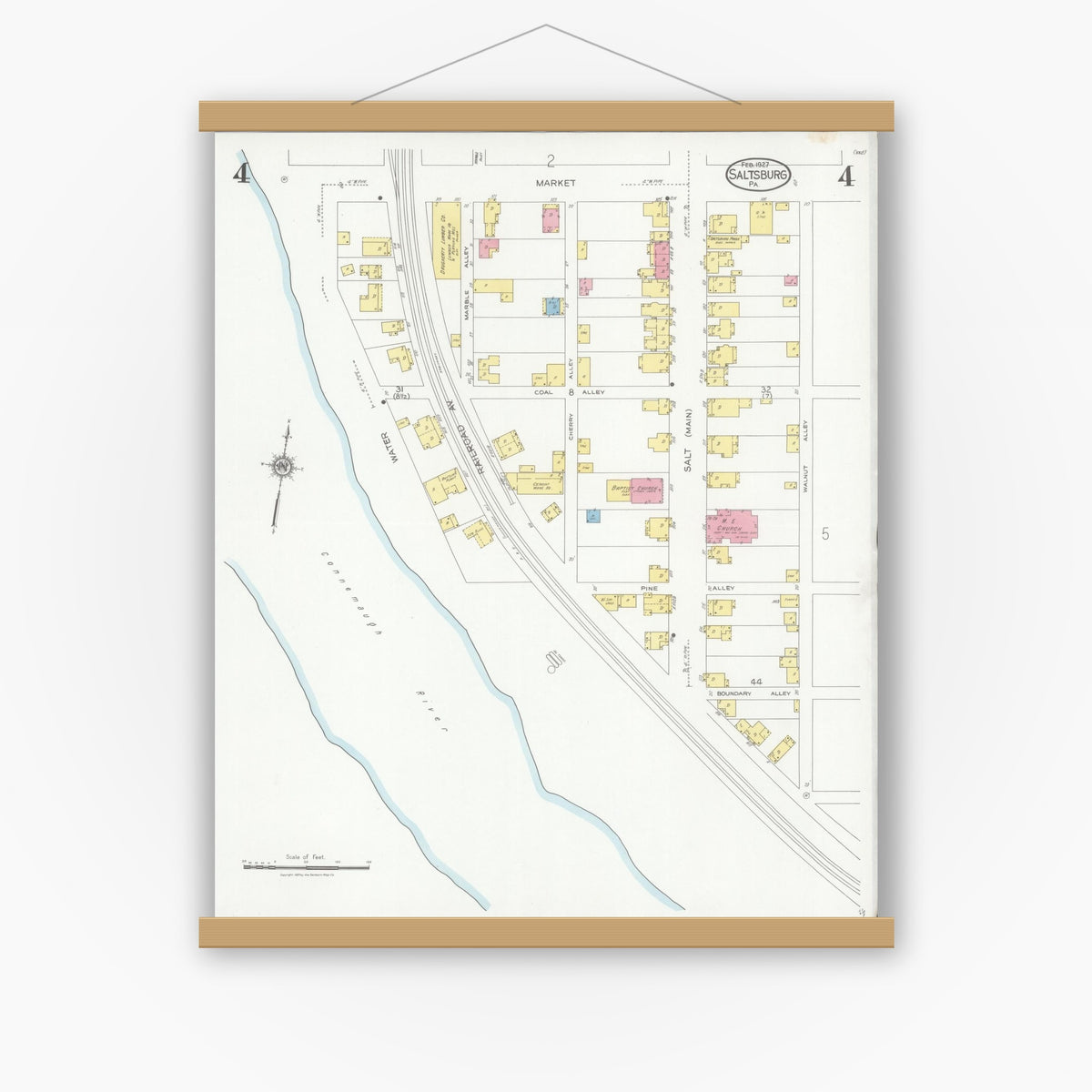 Old map wall art mockup — magnetic wood frame on white wall — Sanborn Fire Insurance Map from Saltsburg, Indiana County, Pennsylvania (1927), Sheet #0004