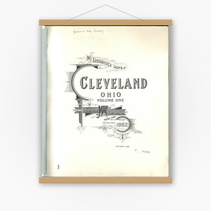 Old map wall art mockup — magnetic wood frame on white wall — Sanborn Fire Insurance Map from Cleveland, Cuyahoga County, Ohio (1952), Sheet #0001
