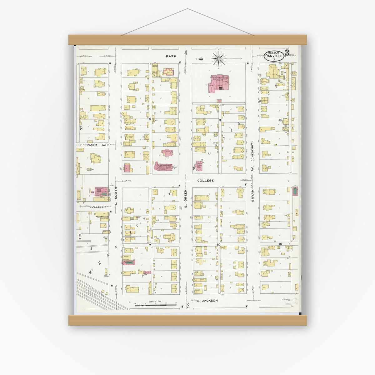 Old map wall art mockup — magnetic wood frame on white wall — Sanborn Fire Insurance Map from Danville, Vermilion County, Illinois (1909), Sheet #0003