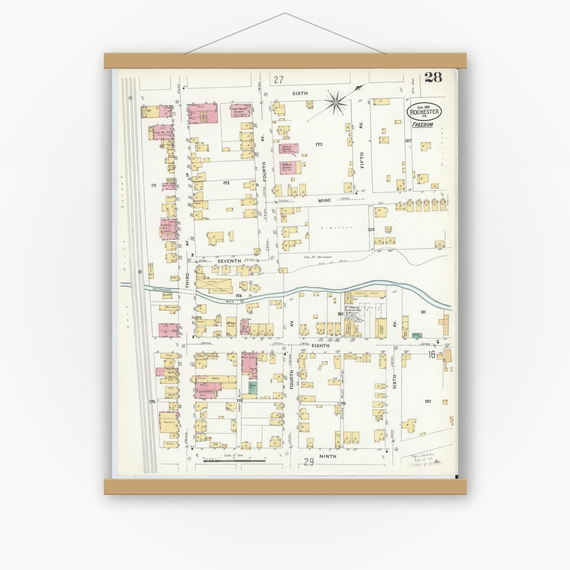 Old map wall art mockup — magnetic wood frame on white wall — Sanborn Fire Insurance Map from Rochester, Beaver County, Pennsylvania (1908), Sheet #0027