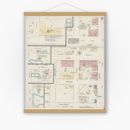 Old map wall art mockup — magnetic wood frame on white wall — Sanborn Fire Insurance Map from Ennis, Ellis County, Texas (1885), Sheet #0002