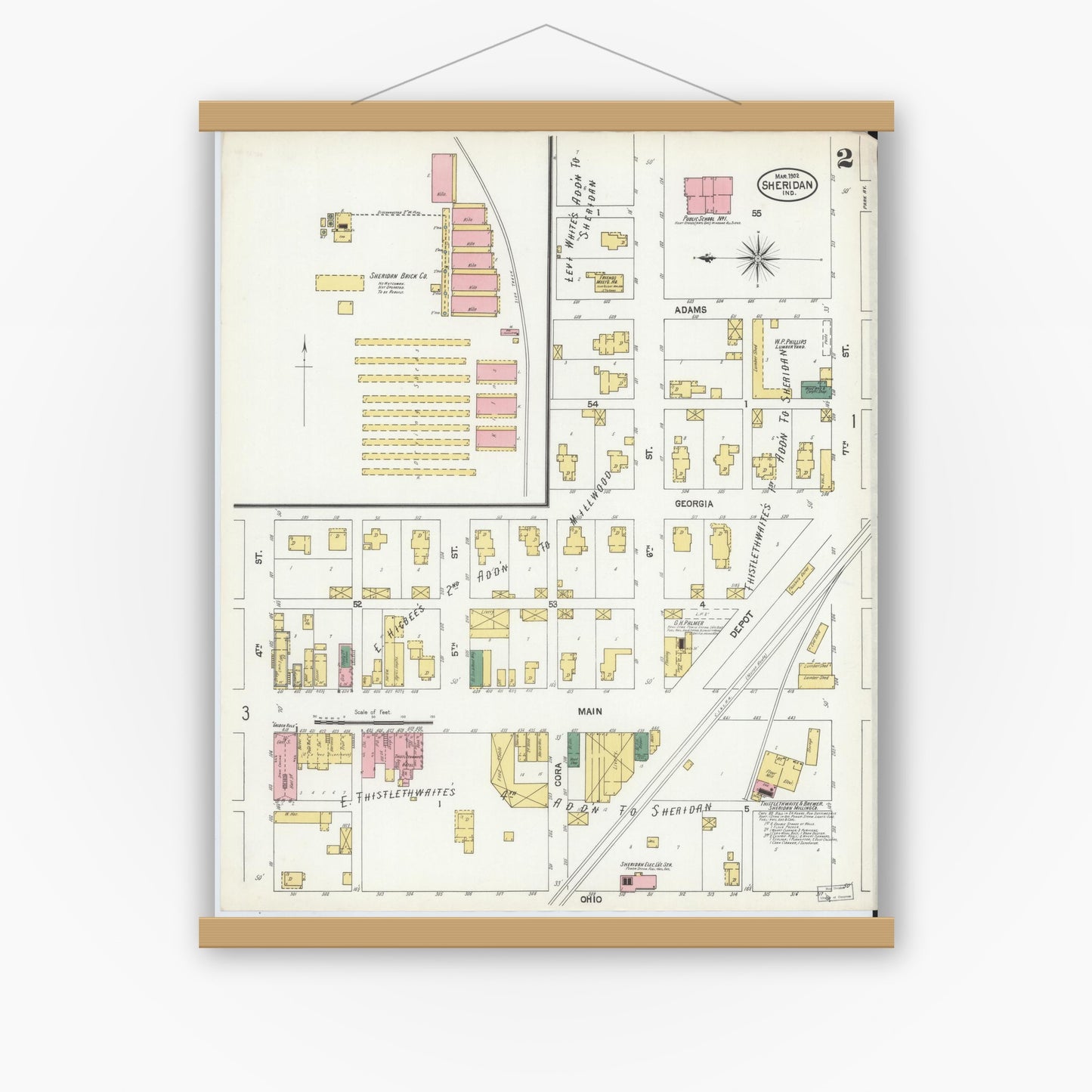 Old map wall art mockup — magnetic wood frame on white wall — Sanborn Fire Insurance Map from Sheridan, Hamilton County, Indiana (1902), Sheet #0002