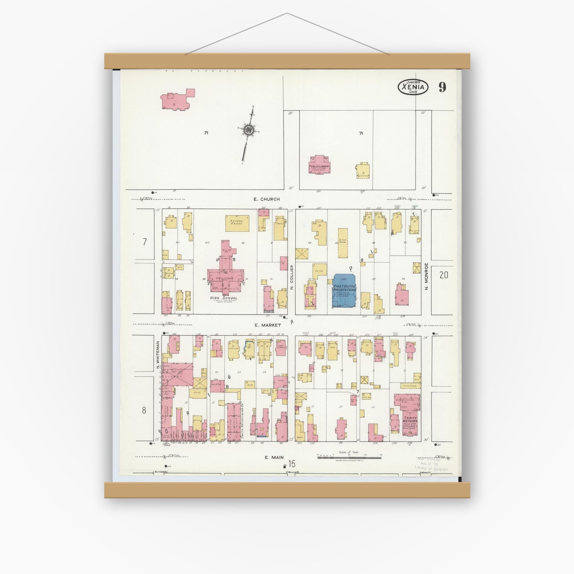 Old map wall art mockup — magnetic wood frame on white wall — Sanborn Fire Insurance Map from Xenia, Greene County, Ohio (1919), Sheet #0009