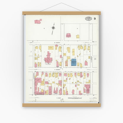 Old map wall art mockup — magnetic wood frame on white wall — Sanborn Fire Insurance Map from Xenia, Greene County, Ohio (1919), Sheet #0009