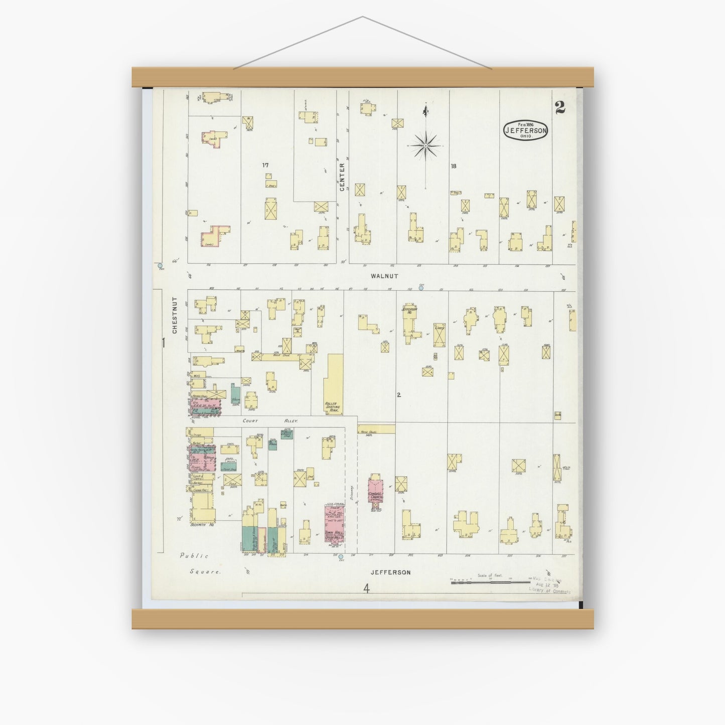 Old map wall art mockup — magnetic wood frame on white wall — Sanborn Fire Insurance Map from Jefferson, Ashtabula County, Ohio (1896), Sheet #0002