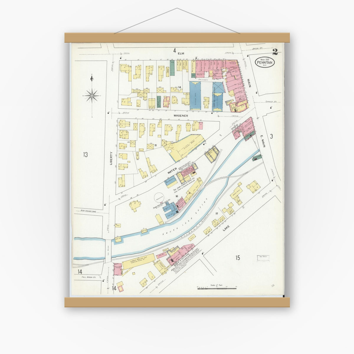 Old map wall art mockup — magnetic wood frame on white wall — Sanborn Fire Insurance Map from Penn Yan, Yates County, New York (1909) - Complete Map Set