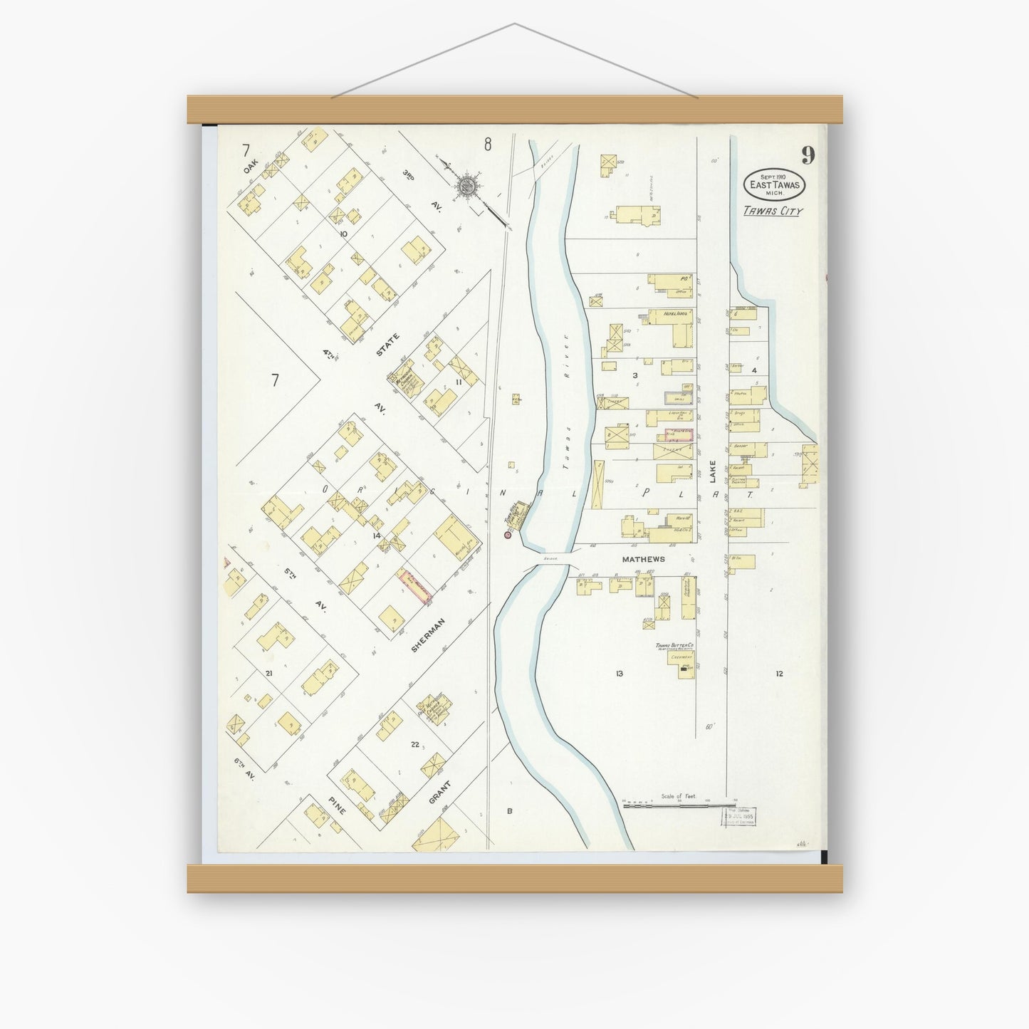 Old map wall art mockup — magnetic wood frame on white wall — Sanborn Fire Insurance Map from East Tawas, Iosco County, Michigan (1910), Sheet #0009