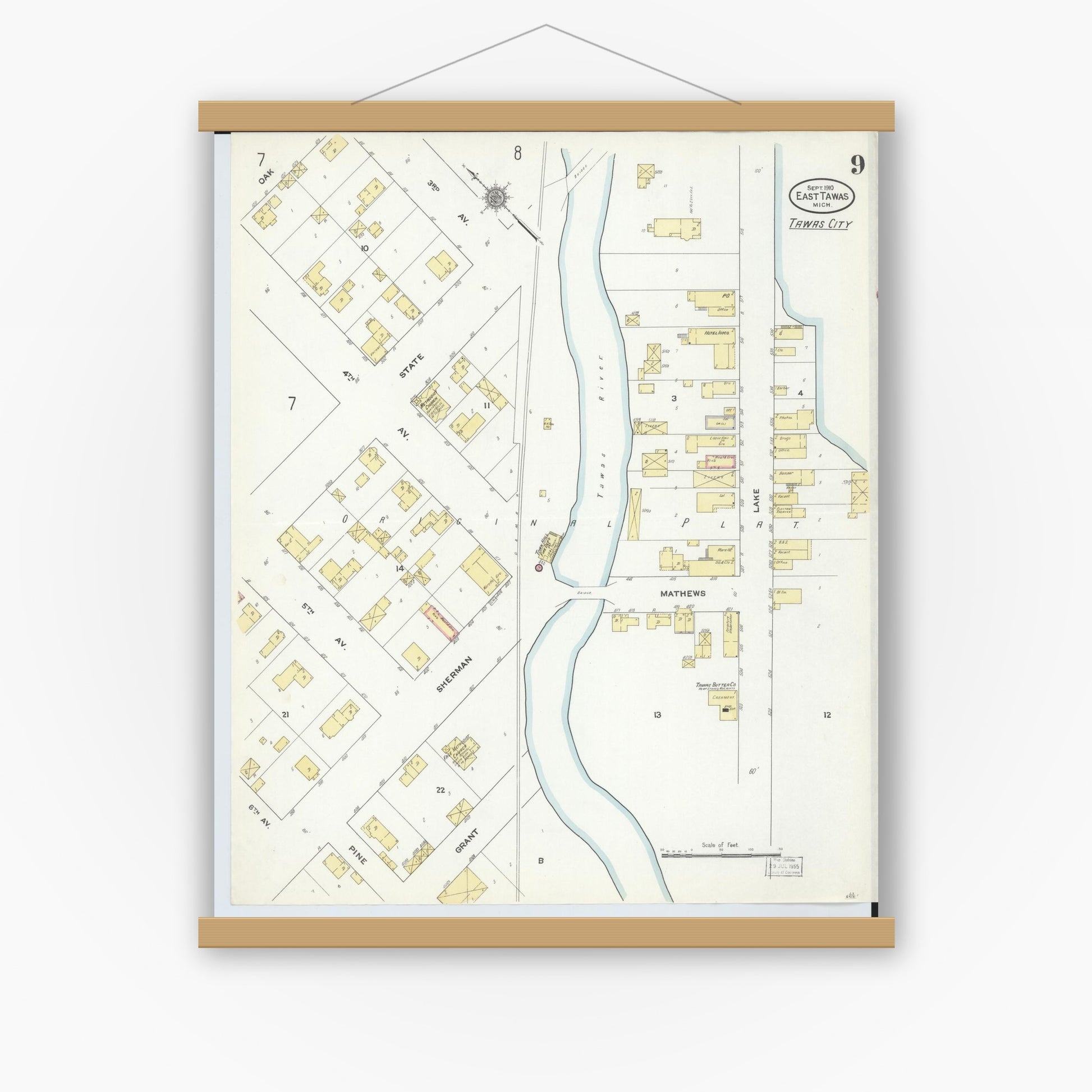 Old map wall art mockup — magnetic wood frame on white wall — Sanborn Fire Insurance Map from East Tawas, Iosco County, Michigan (1910), Sheet #0009