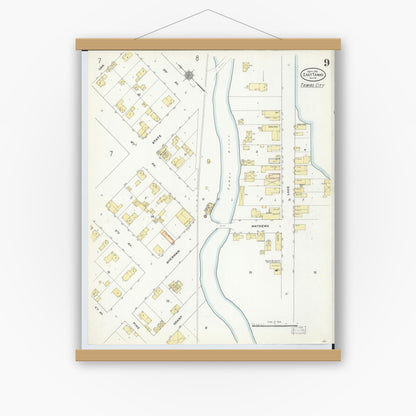 Old map wall art mockup — magnetic wood frame on white wall — Sanborn Fire Insurance Map from East Tawas, Iosco County, Michigan (1910), Sheet #0009