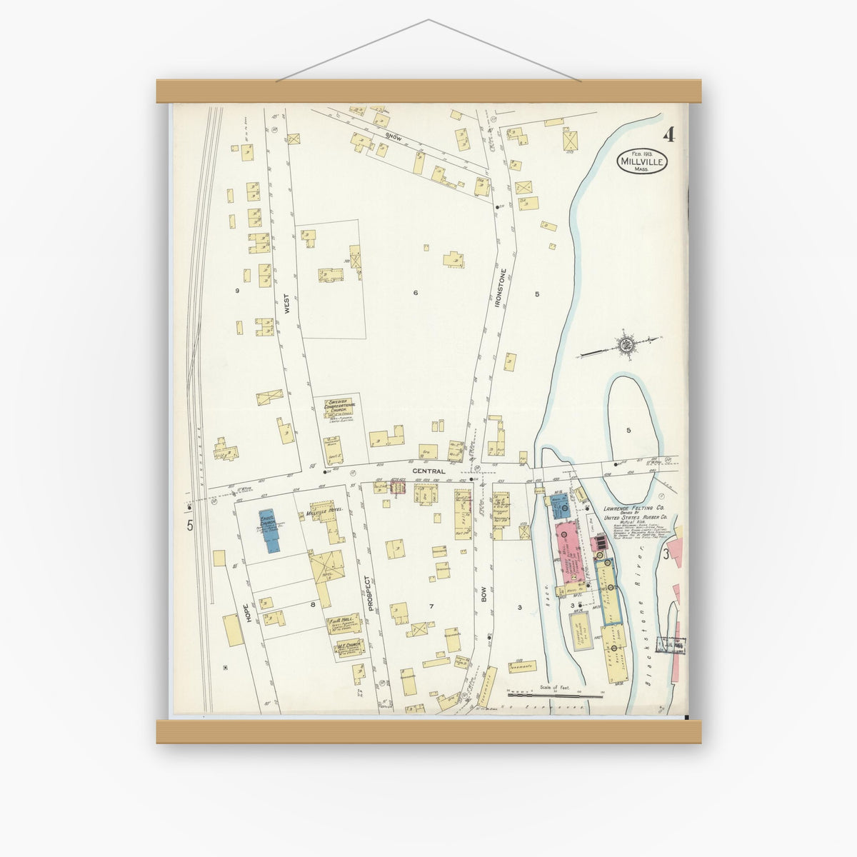 Old map wall art mockup — magnetic wood frame on white wall — Sanborn Fire Insurance Map from Millville, Worcester County, Massachusetts (1913), Sheet #0004