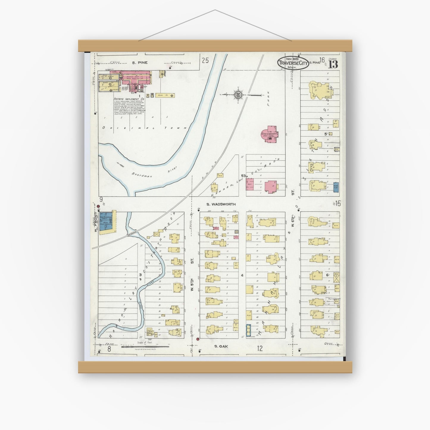 Old map wall art mockup — magnetic wood frame on white wall — Sanborn Fire Insurance Map from Traverse City, Grand Traverse County, Michigan (1920), Sheet #0013