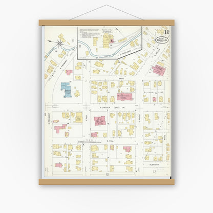 Old map wall art mockup — magnetic wood frame on white wall — Sanborn Fire Insurance Map from Massillon, Stark County, Ohio (1908), Sheet #0011