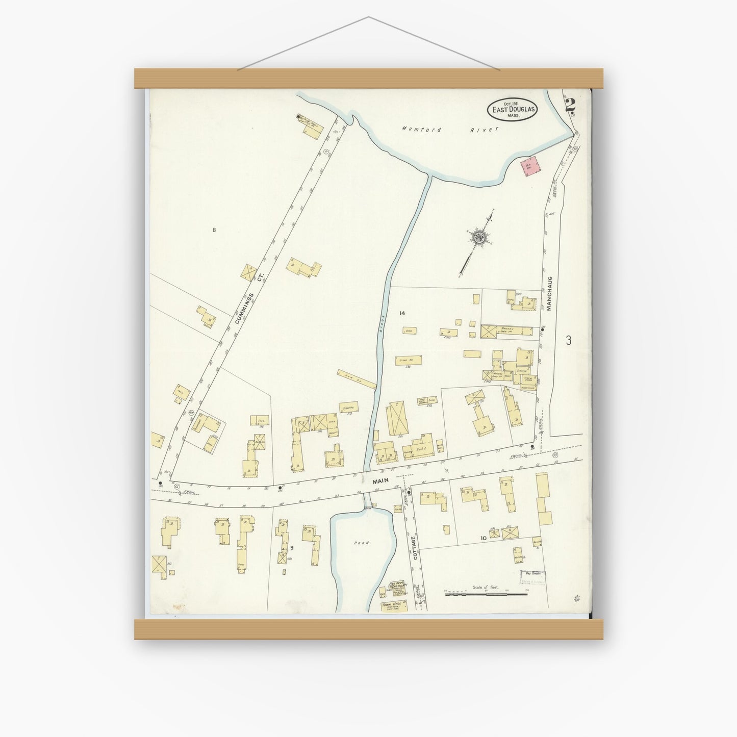 Old map wall art mockup — magnetic wood frame on white wall — Sanborn Fire Insurance Map from East Douglas, Worcester County, Massachusetts (1911), Sheet #0002