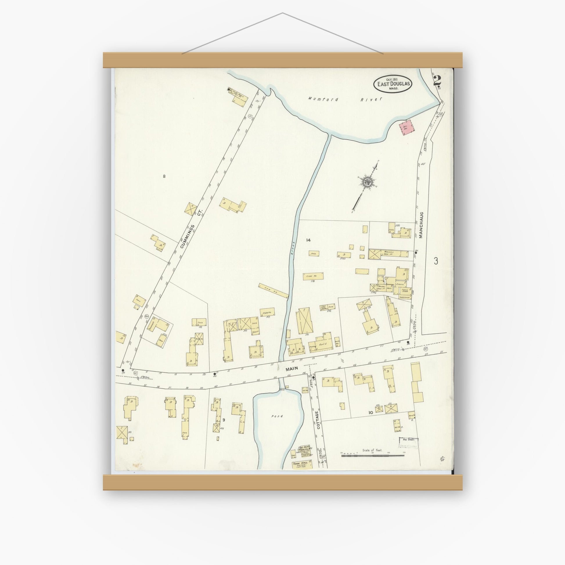 Old map wall art mockup — magnetic wood frame on white wall — Sanborn Fire Insurance Map from East Douglas, Worcester County, Massachusetts (1911), Sheet #0002