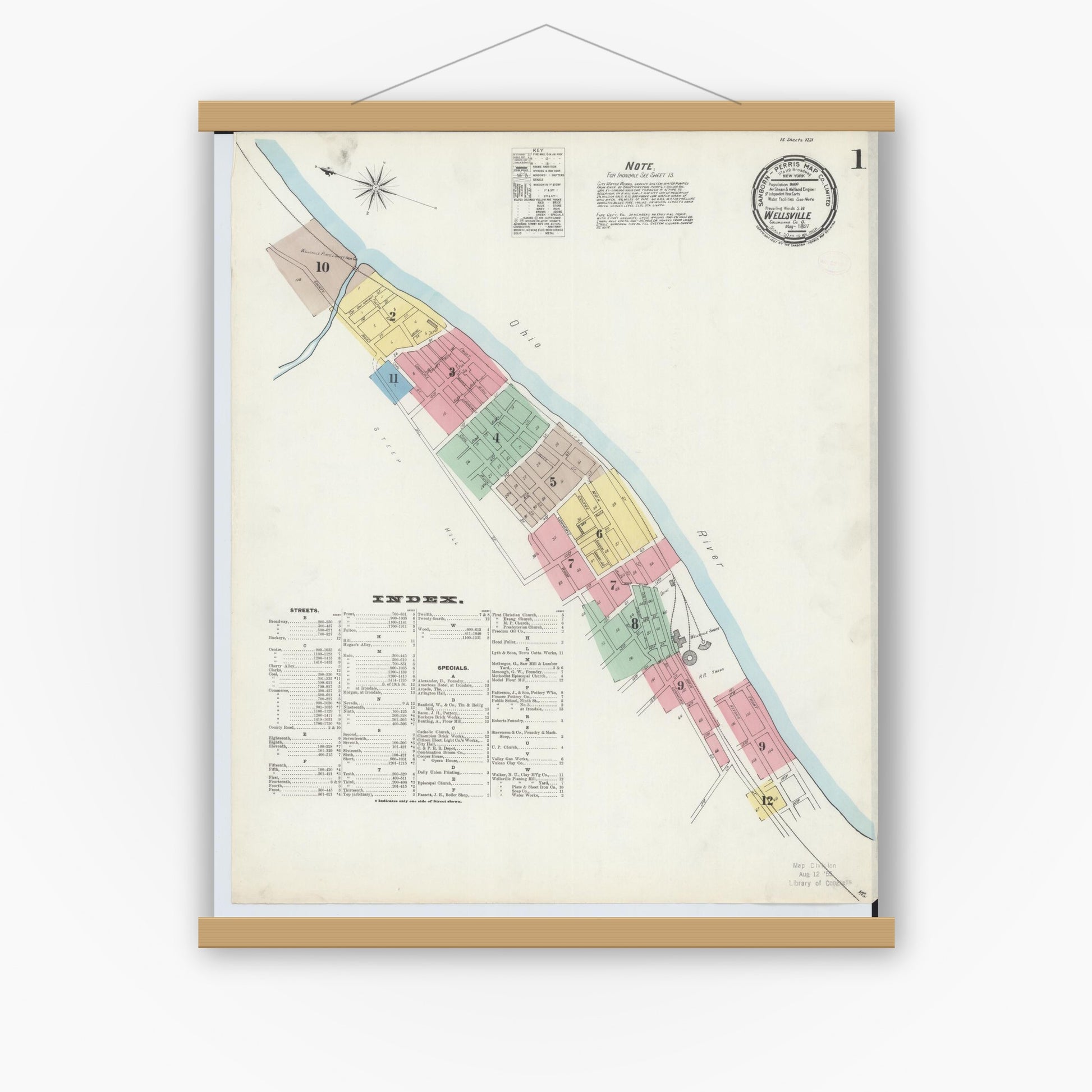 Old map wall art mockup — magnetic wood frame on white wall — Sanborn Fire Insurance Map from Wellsville, Columbiana County, Ohio (1897) - Complete Map Set