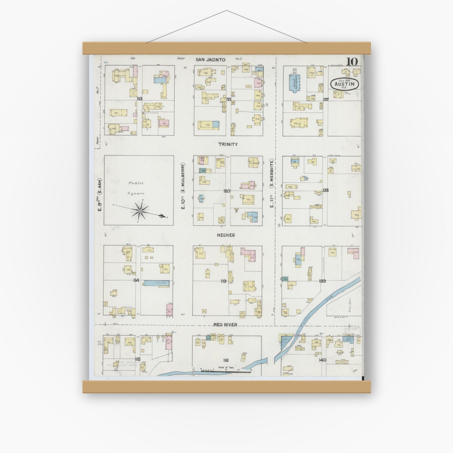 Old map wall art mockup — magnetic wood frame on white wall — Sanborn Fire Insurance Map from Austin, Travis County, Texas (1889), Sheet #0010