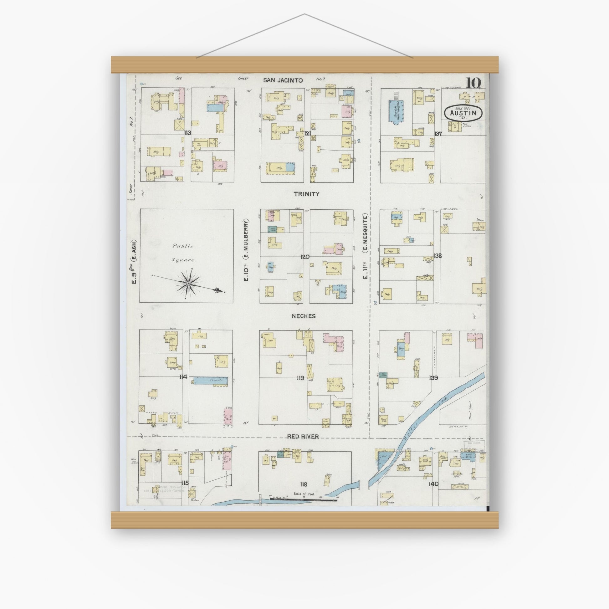 Old map wall art mockup — magnetic wood frame on white wall — Sanborn Fire Insurance Map from Austin, Travis County, Texas (1889), Sheet #0010