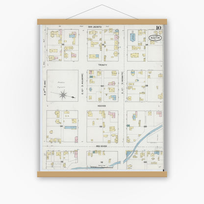 Old map wall art mockup — magnetic wood frame on white wall — Sanborn Fire Insurance Map from Austin, Travis County, Texas (1889), Sheet #0010