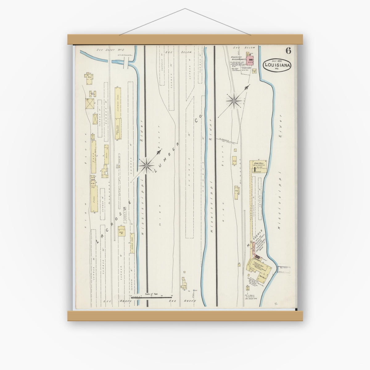 Old map wall art mockup — magnetic wood frame on white wall — Sanborn Fire Insurance Map from Louisiana, Pike County, Missouri (1890), Sheet #0006