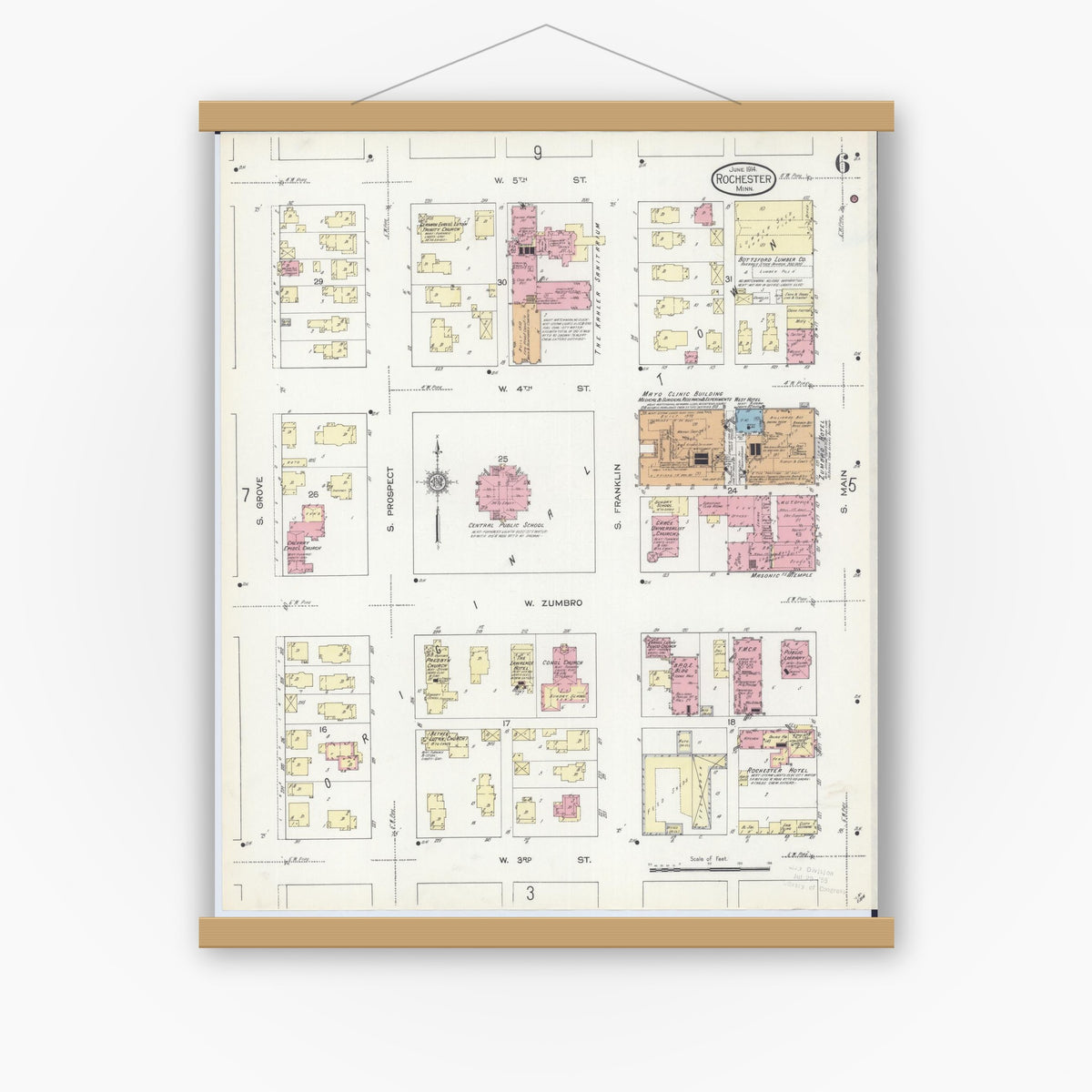 Old map wall art mockup — magnetic wood frame on white wall — Sanborn Fire Insurance Map from Rochester, Olmsted County, Minnesota (1914), Sheet #0006